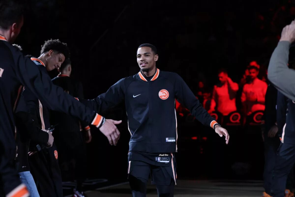 Dec 30, 2022; Atlanta, Georgia, USA; Atlanta Hawks guard Dejounte Murray (5) is introduced before a game against the Los Angeles Lakers at State Farm Arena. Mandatory Credit: Brett Davis-USA TODAY Sports
