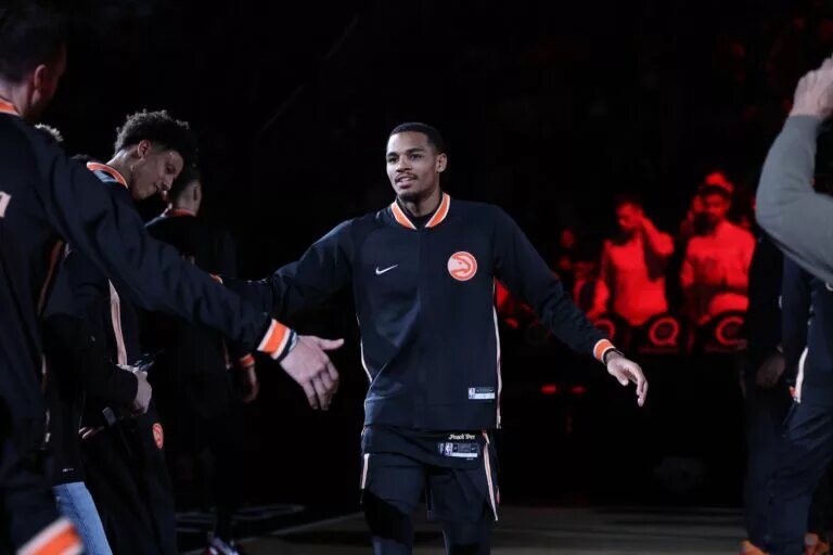 Dec 30, 2022; Atlanta, Georgia, USA; Atlanta Hawks guard Dejounte Murray (5) is introduced before a game against the Los Angeles Lakers at State Farm Arena. Mandatory Credit: Brett Davis-USA TODAY Sports