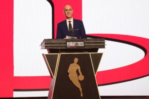 NBA commissioner Adam Silver announces Amen Thompson as the fourth selection by the Houston Rockets in the first round of the 2023 NBA Draft at Barclays Arena.