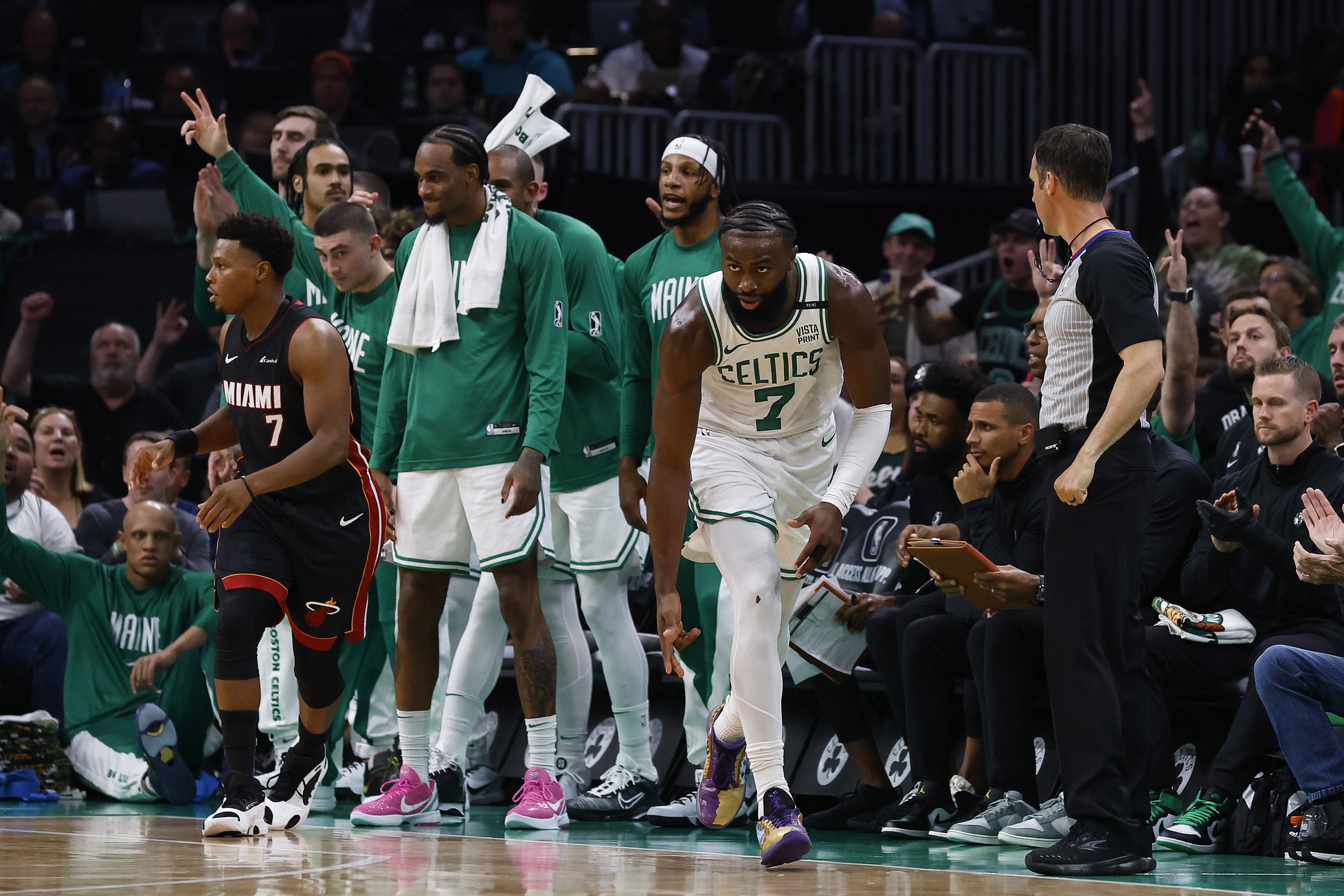 Oct 27, 2023; Boston, Massachusetts, USA; Boston Celtics guard Jaylen Brown (7) celebrates a three point basket against the Miami Heat during the second quarter at TD Garden. Mandatory Credit: Winslow Townson-USA TODAY Sports