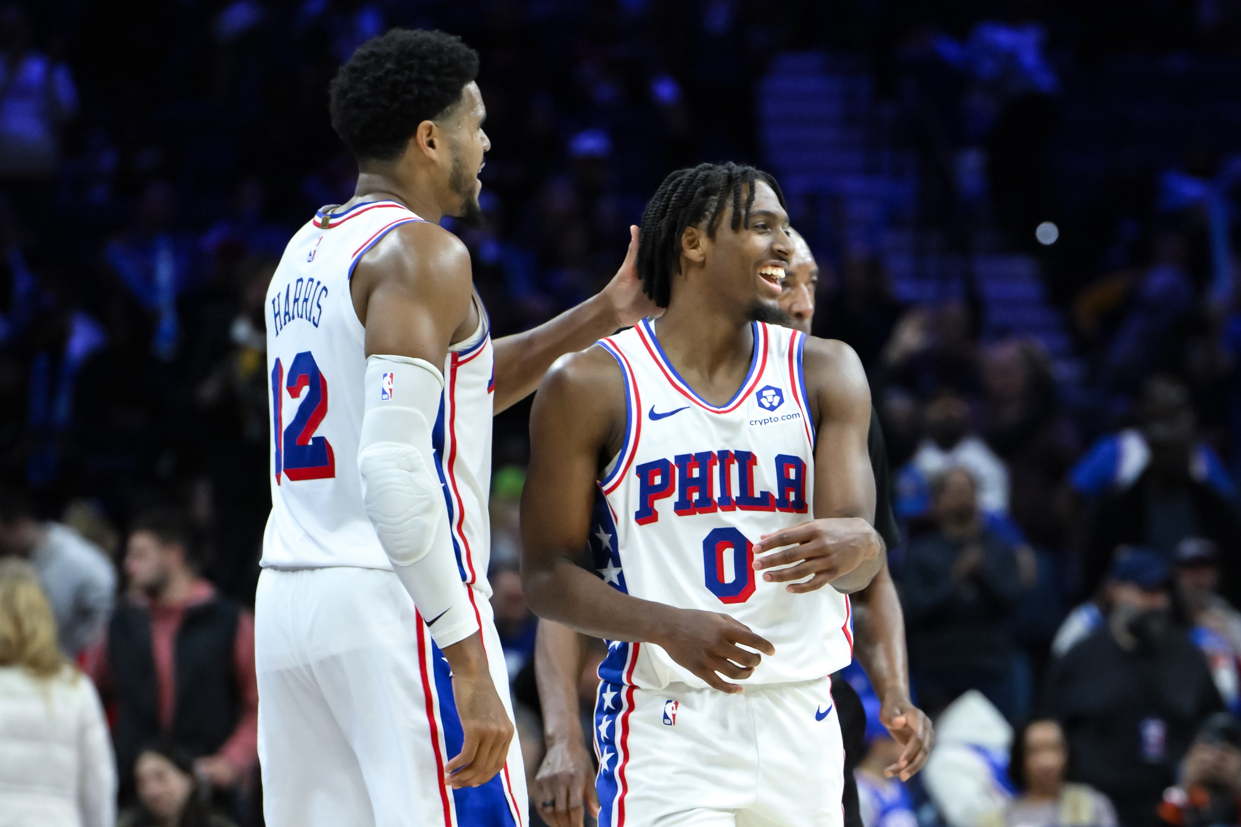 Philadelphia 76ers guard Tyrese Maxey (0) is greeted by Philadelphia 76ers forward Tobias Harris (12) after a 50 point performance against the Indiana Pacers at Wells Fargo Center.