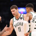 Milwaukee Bucks center Brook Lopez (11) talks to Milwaukee Bucks forward Giannis Antetokounmpo (34) and Milwaukee Bucks guard Damian Lillard (0) during the first half against the Boston Celtics at TD Garden.