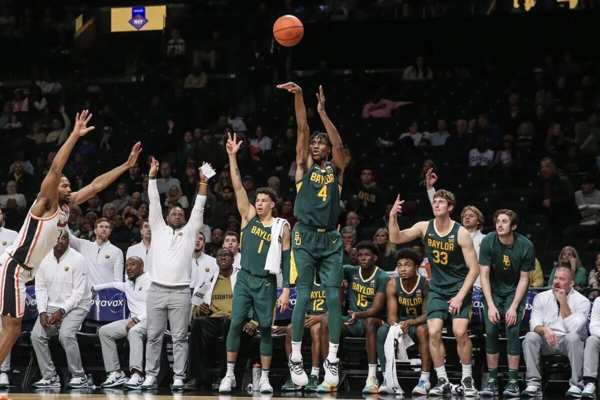 Nov 22, 2023; Brooklyn, NY, USA; Baylor Bears guard Ja'Kobe Walter (4) takes a three-point shot in the second half against the Oregon State Beavers at Barclay Center. Mandatory Credit: Wendell Cruz-USA TODAY Sports