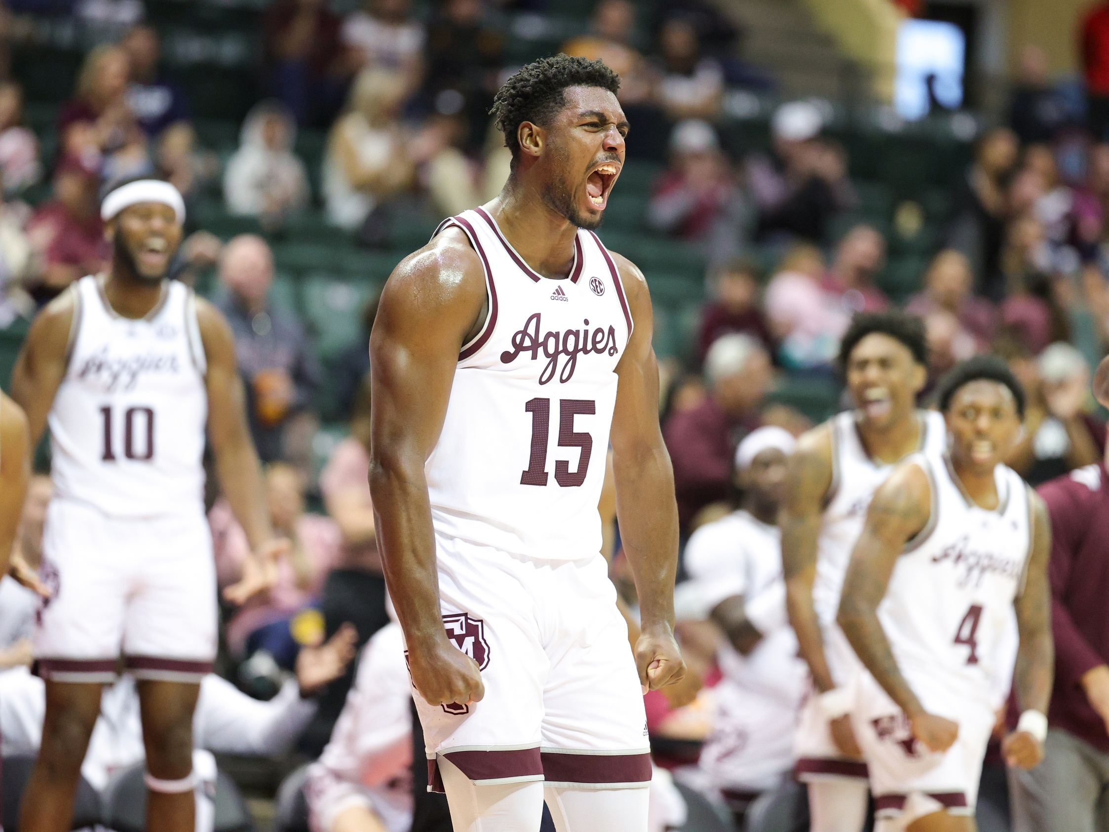 exas A&M Aggies forward Henry Coleman III (15) reacts after a play against the Penn State Nittany Lions in the first half during the ESPN Events Invitational at State Farm Field House.