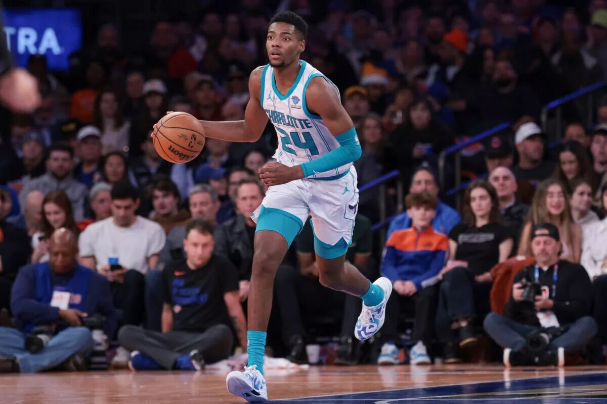 Charlotte Hornets forward Brandon Miller (24) dribbles up the court during the second half against the New York Knicks at Madison Square Garden.
