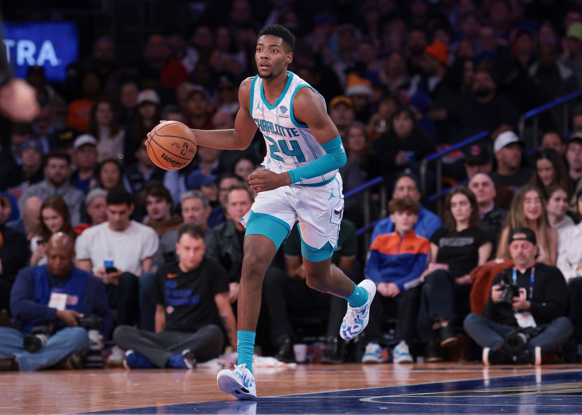 Charlotte Hornets forward Brandon Miller (24) dribbles up the court during the second half against the New York Knicks at Madison Square Garden.