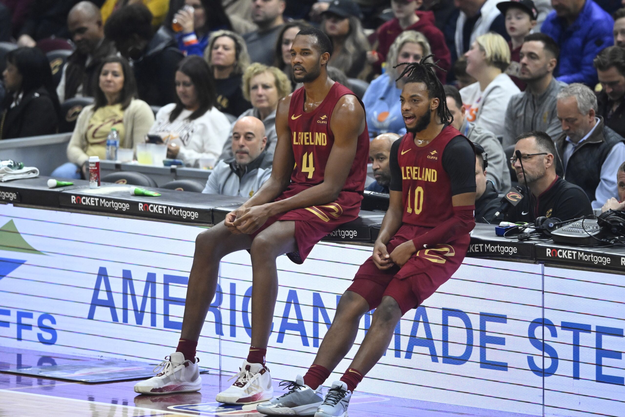 Nov 30, 2023; Cleveland, Ohio, USA; Cleveland Cavaliers forward Evan Mobley (4) and guard Darius Garland (10) wait to enter the game in the first quarter against the Portland Trail Blazers at Rocket Mortgage FieldHouse. Mandatory Credit: David Richard-USA TODAY Sports