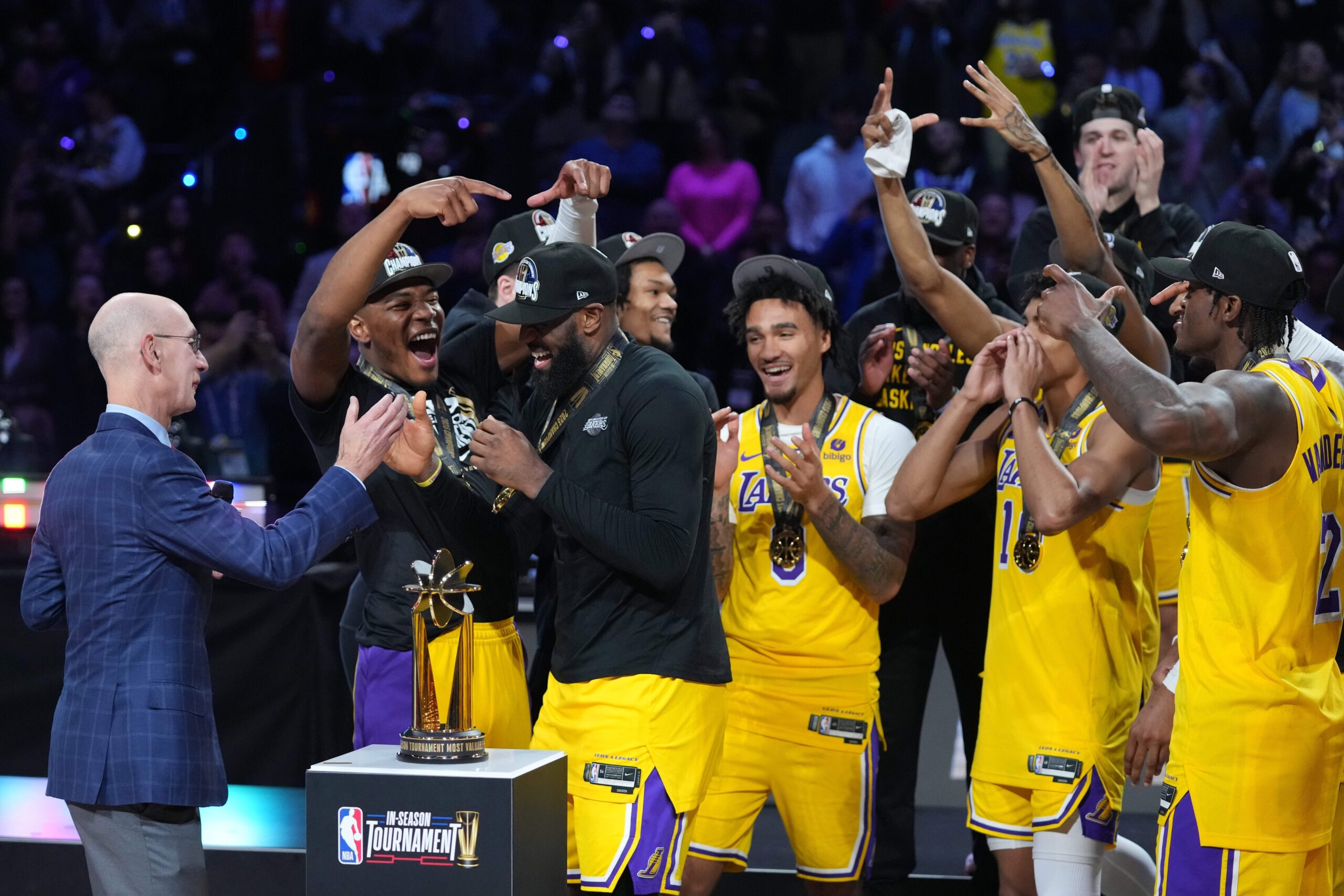 In-Season Tournament champions, Los Angeles Lakers, celebrate a successful IST for Adam Silver and the NBA.