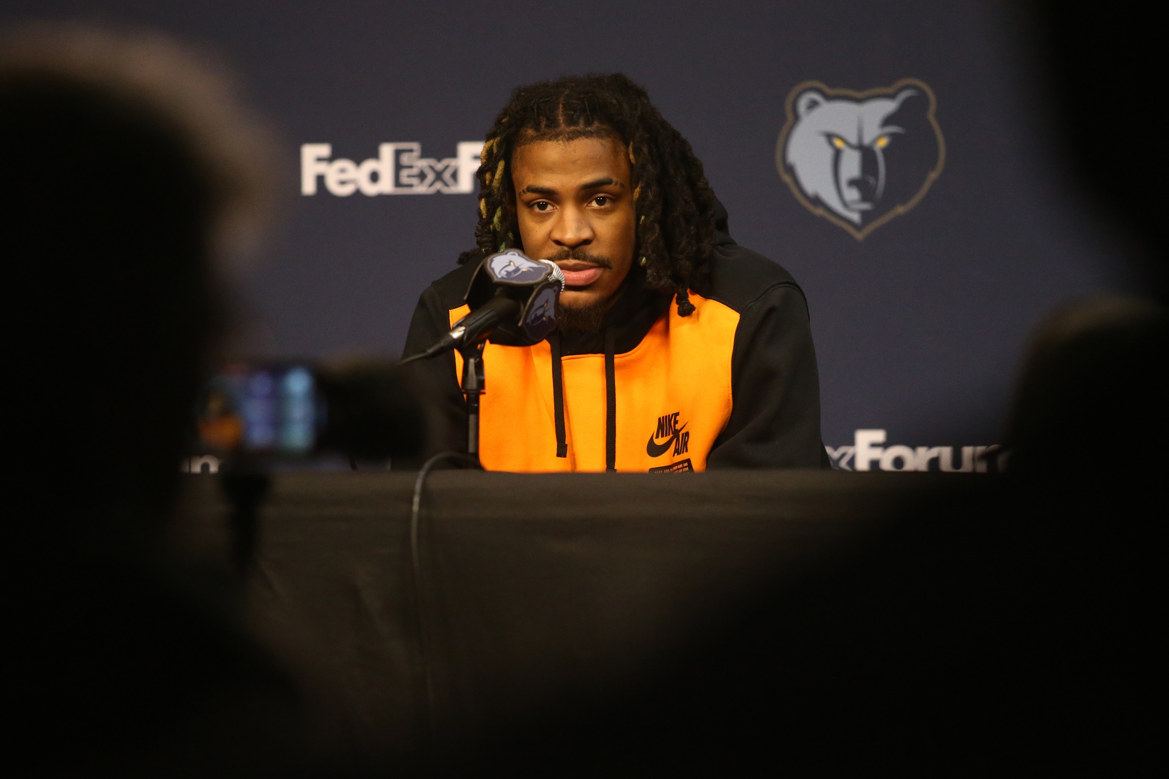 Memphis Grizzlies guard Ja Morant answers questions from media about his time away from the team during his 25 game suspension during a press conference at FedExForum.