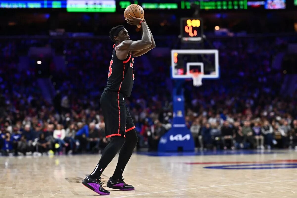 Toronto Raptors forward Pascal Siakam (43) shoots against the Philadelphia 76ers in the third quarter at Wells Fargo Center.