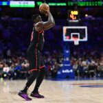 Toronto Raptors forward Pascal Siakam (43) shoots against the Philadelphia 76ers in the third quarter at Wells Fargo Center.