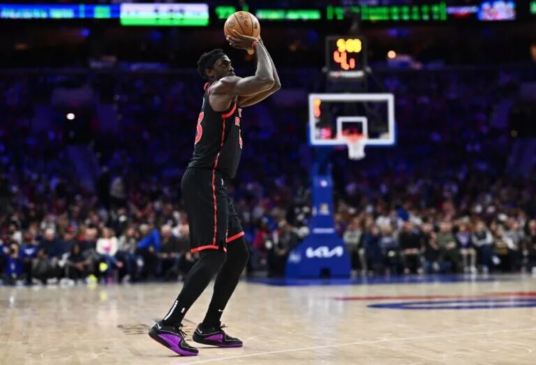 Toronto Raptors forward Pascal Siakam (43) shoots against the Philadelphia 76ers in the third quarter at Wells Fargo Center.