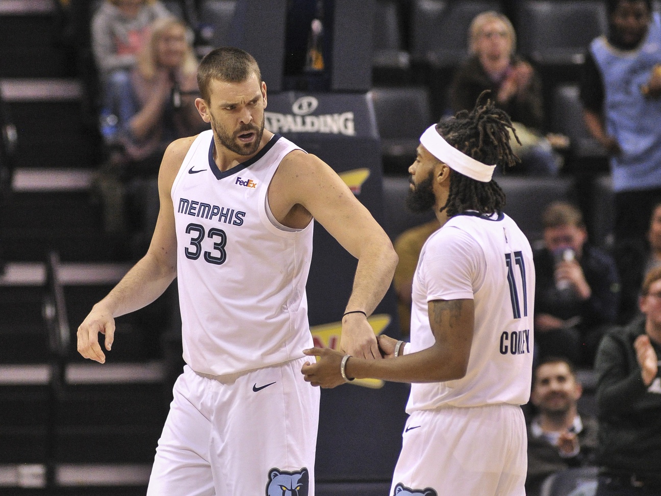 Jan 25, 2019; Memphis, TN, USA; Memphis Grizzlies center Marc Gasol (33) and guard Mike Conley (11) talk during the second half against the Sacramento Kings at FedExForum. Sacramento Kings defeated the Memphis Grizzlies 99-96.Mandatory Credit: Justin Ford-USA TODAY Sports