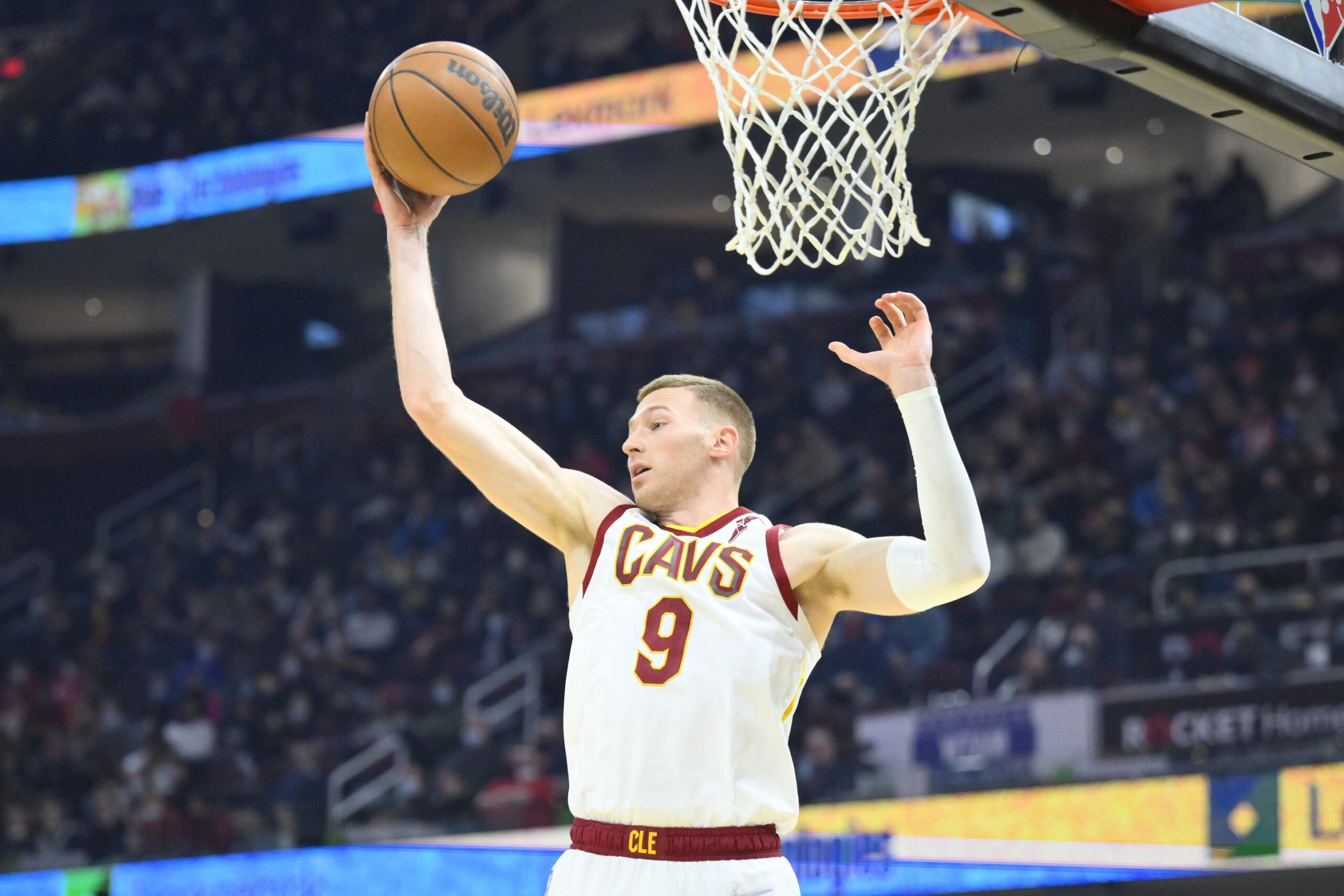 Jan 24, 2022; Cleveland, Ohio, USA; Cleveland Cavaliers guard Dylan Windler (9) rebounds in the second quarter against the New York Knicks at Rocket Mortgage FieldHouse. Mandatory Credit: David Richard-USA TODAY Sports