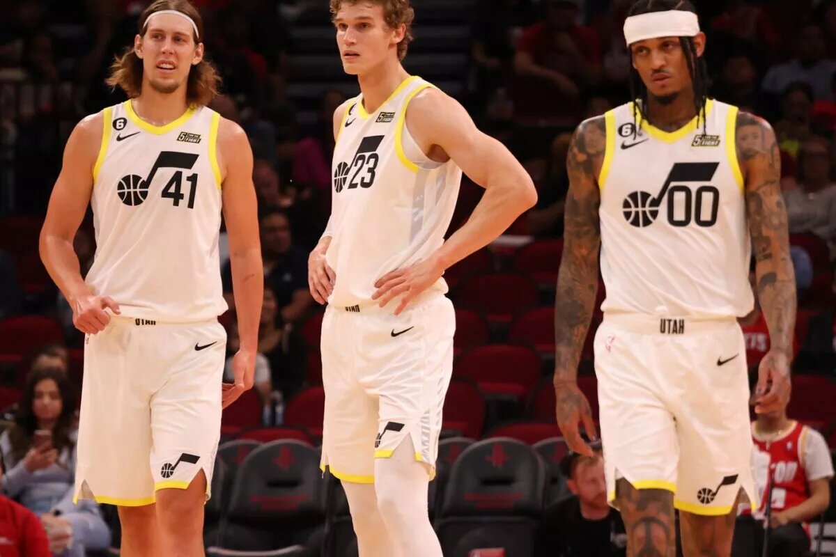 Oct 24, 2022; Houston, Texas, USA; Utah Jazz forward Kelly Olynyk (41), forward Lauri Markkanen (23) and guard Jordan Clarkson (00) get in position to play against the Houston Rockets at the Toyota Center. Mandatory Credit: Thomas Shea-USA TODAY Sports