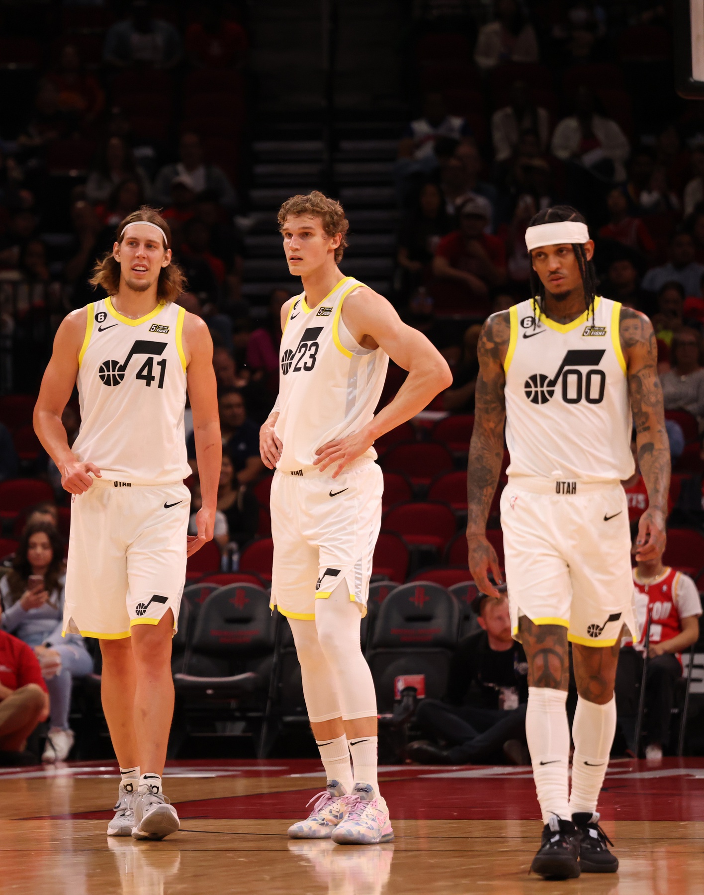 Oct 24, 2022; Houston, Texas, USA; Utah Jazz forward Kelly Olynyk (41), forward Lauri Markkanen (23) and guard Jordan Clarkson (00) get in position to play against the Houston Rockets at the Toyota Center. Mandatory Credit: Thomas Shea-USA TODAY Sports