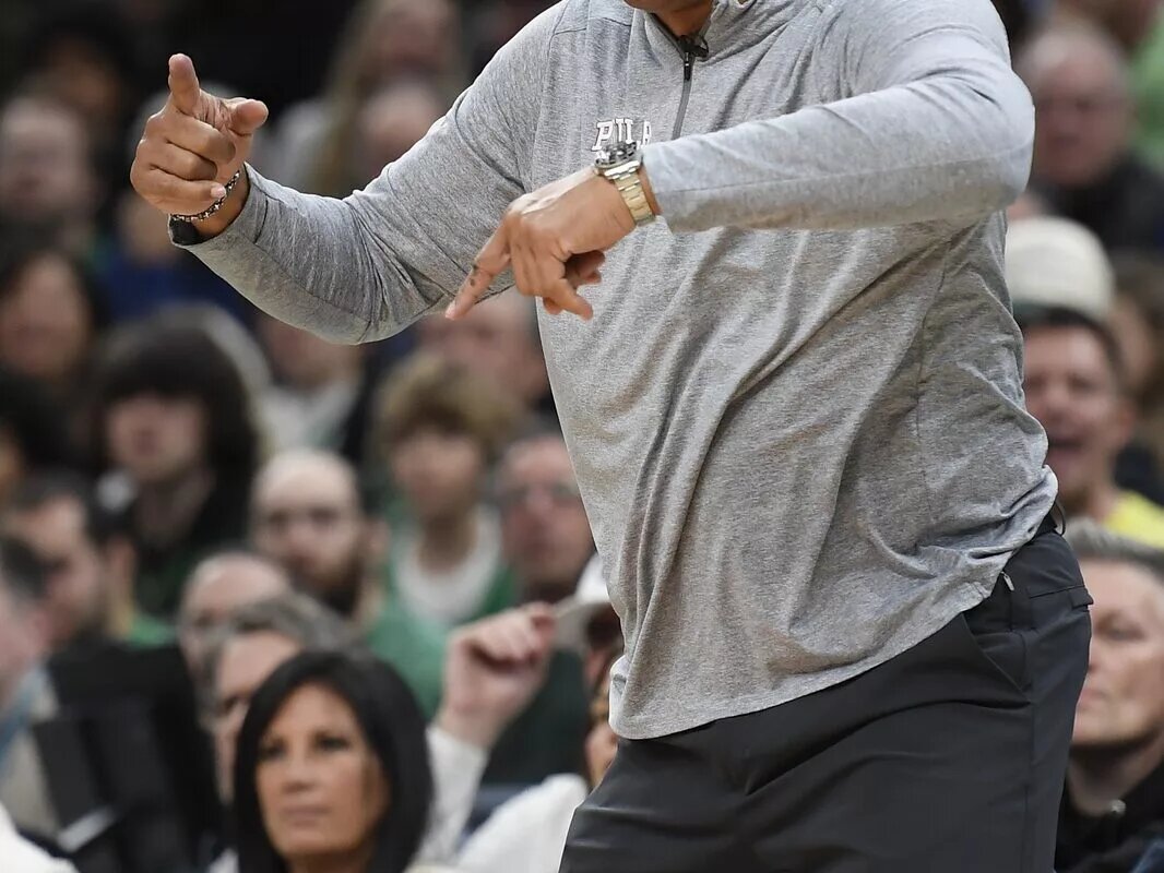 Philadelphia 76ers head coach Doc Rivers reacts to a non call in the second half during game one of the 2023 NBA playoffs against the Boston Celtics at TD Garden.