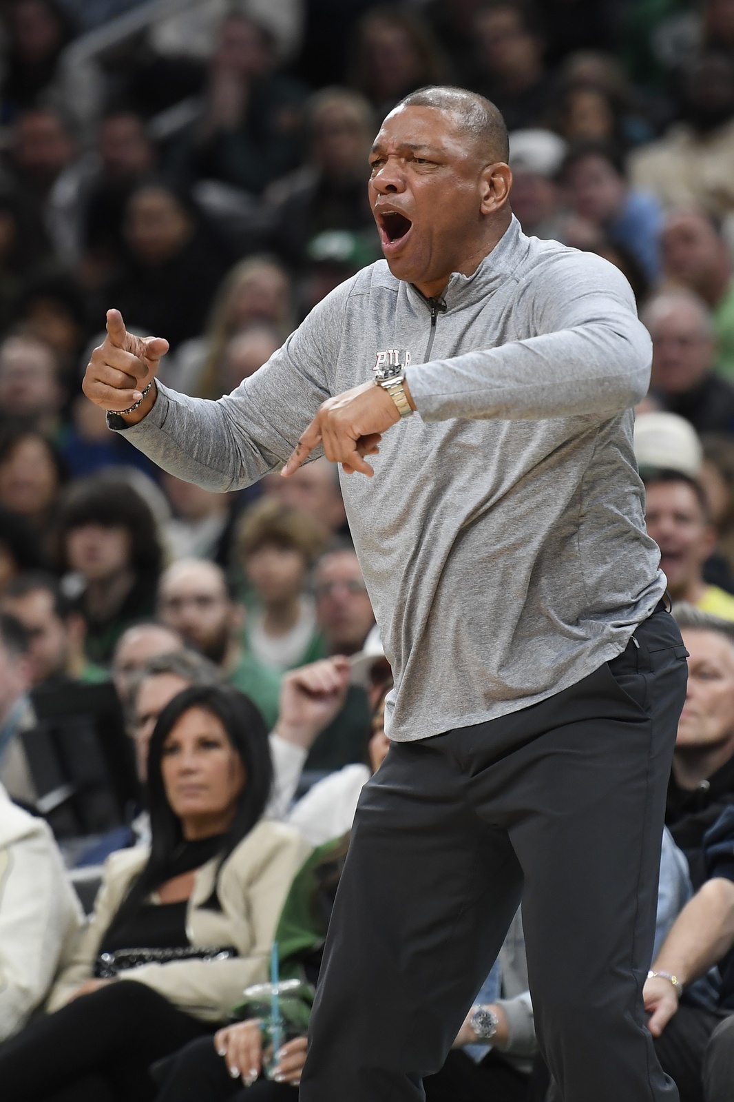 Philadelphia 76ers head coach Doc Rivers reacts to a non call in the second half during game one of the 2023 NBA playoffs against the Boston Celtics at TD Garden.