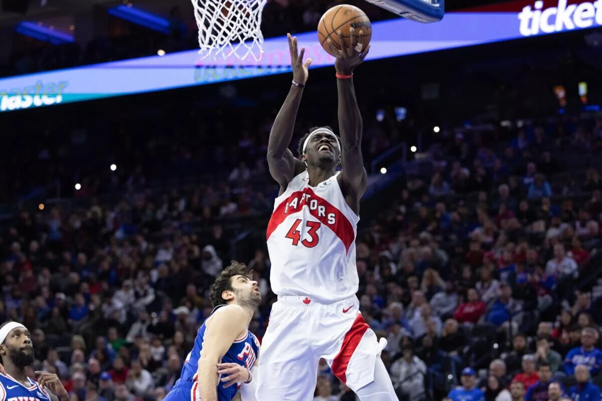 Nov 2, 2023; Philadelphia, Pennsylvania, USA; Toronto Raptors forward Pascal Siakam (43) drives for a score past Philadelphia 76ers guard Furkan Korkmaz (30) during the fourth quarter at Wells Fargo Center. Mandatory Credit: Bill Streicher-USA TODAY Sports