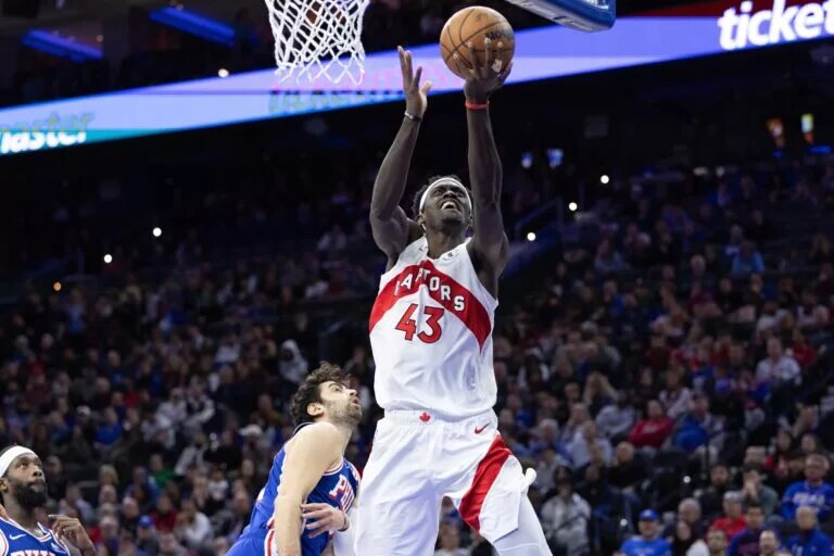 Nov 2, 2023; Philadelphia, Pennsylvania, USA; Toronto Raptors forward Pascal Siakam (43) drives for a score past Philadelphia 76ers guard Furkan Korkmaz (30) during the fourth quarter at Wells Fargo Center. Mandatory Credit: Bill Streicher-USA TODAY Sports