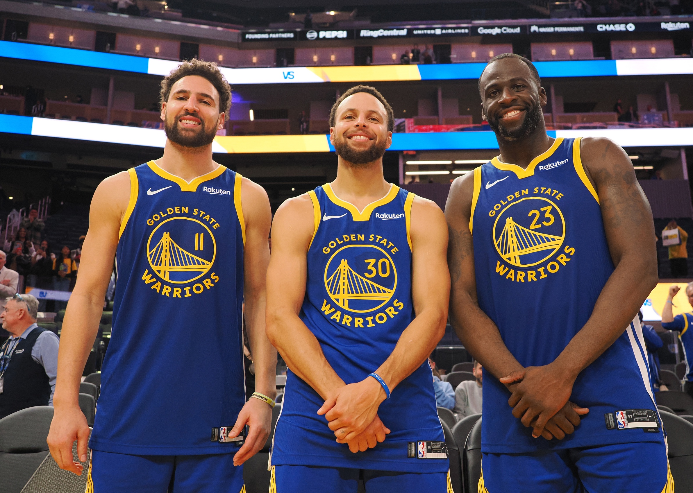 Nov 30, 2023; San Francisco, California, USA; Golden State Warriors guard Klay Thompson (11), guard Stephen Curry (30) and forward Draymond Green (23) after the game against the Los Angeles Clippers at Chase Center. Mandatory Credit: Kelley L Cox-USA TODAY Sports