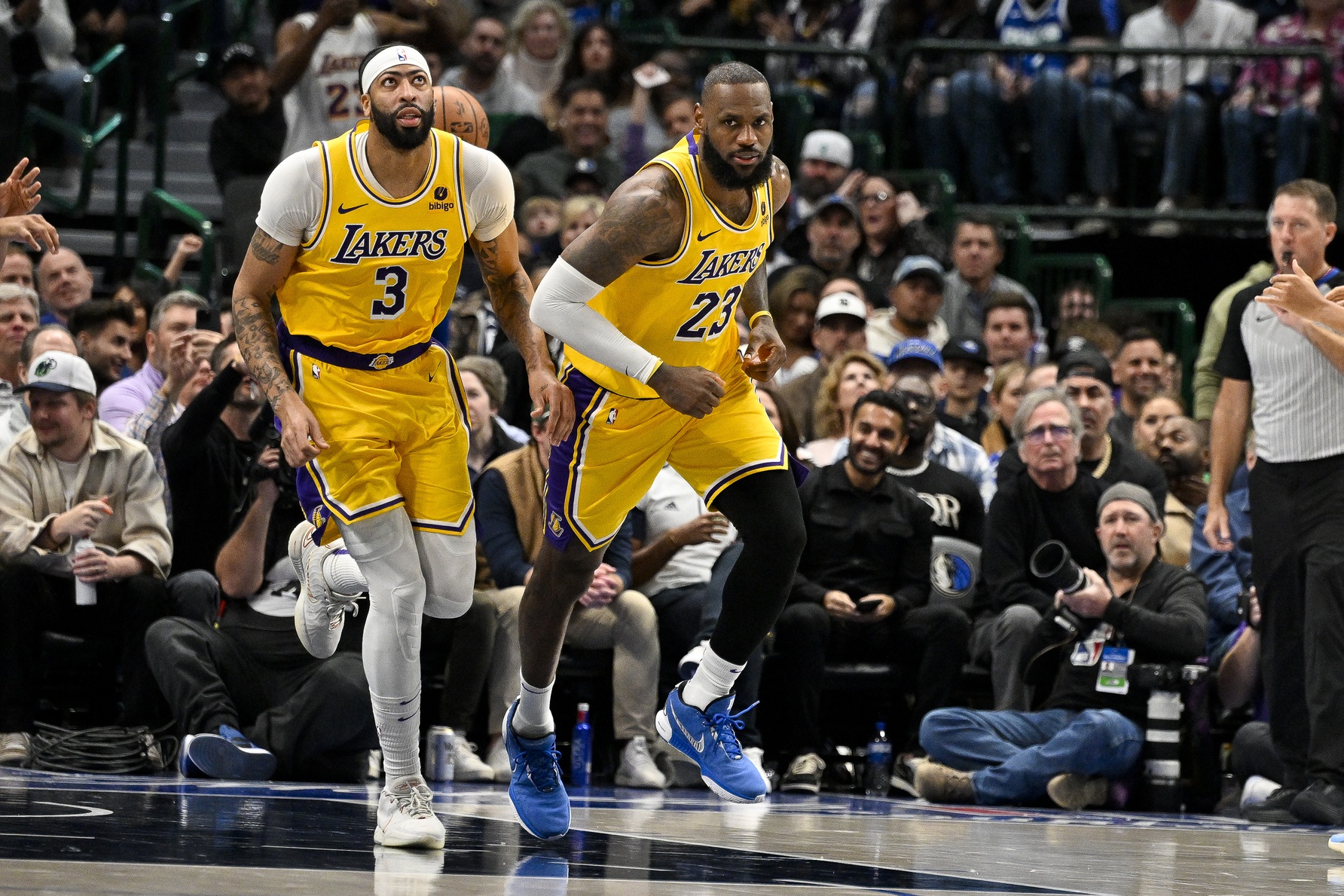Dec 12, 2023; Dallas, Texas, USA; Los Angeles Lakers forward Anthony Davis (3) and forward LeBron James (23) in action during the game between the Dallas Mavericks and the Los Angeles Lakers at the American Airlines Center. Mandatory Credit: Jerome Miron-USA TODAY Sports
