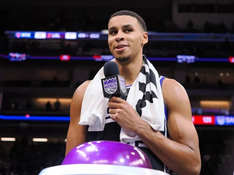 Sacramento Kings forward Keegan Murray (13) prepares to symbolically light the beam after a win against the Washington Wizards at Golden 1 Center.
