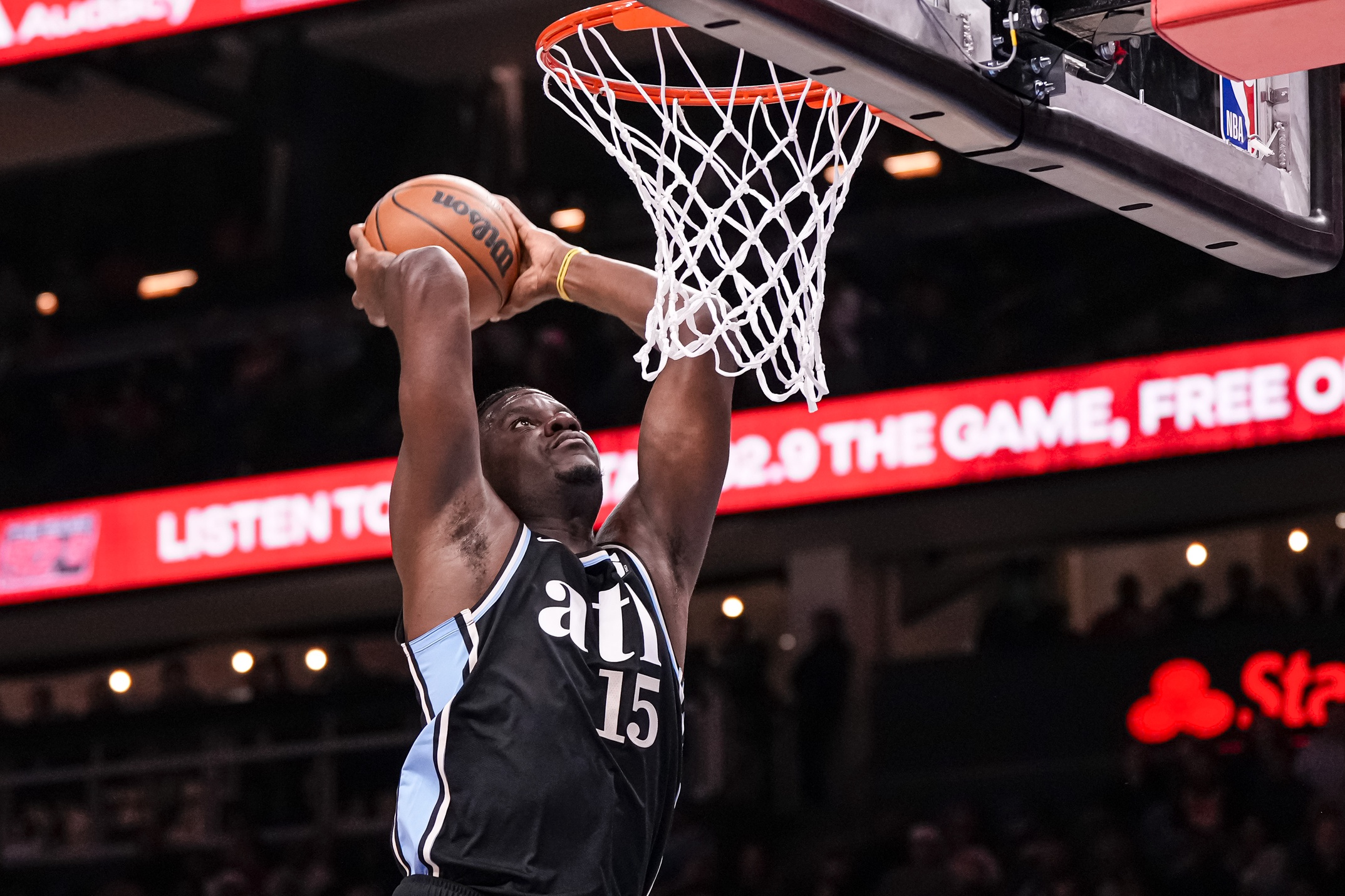 Atlanta Hawks center Clint Capela (15) dunks against against the Memphis Grizzlies during the first half at State Farm Arena.