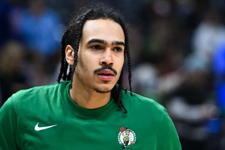 Boston Celtics guard Dalano Banton (45) before the game against the Los Angeles Clippers during warmups at Crypto.com Arena.