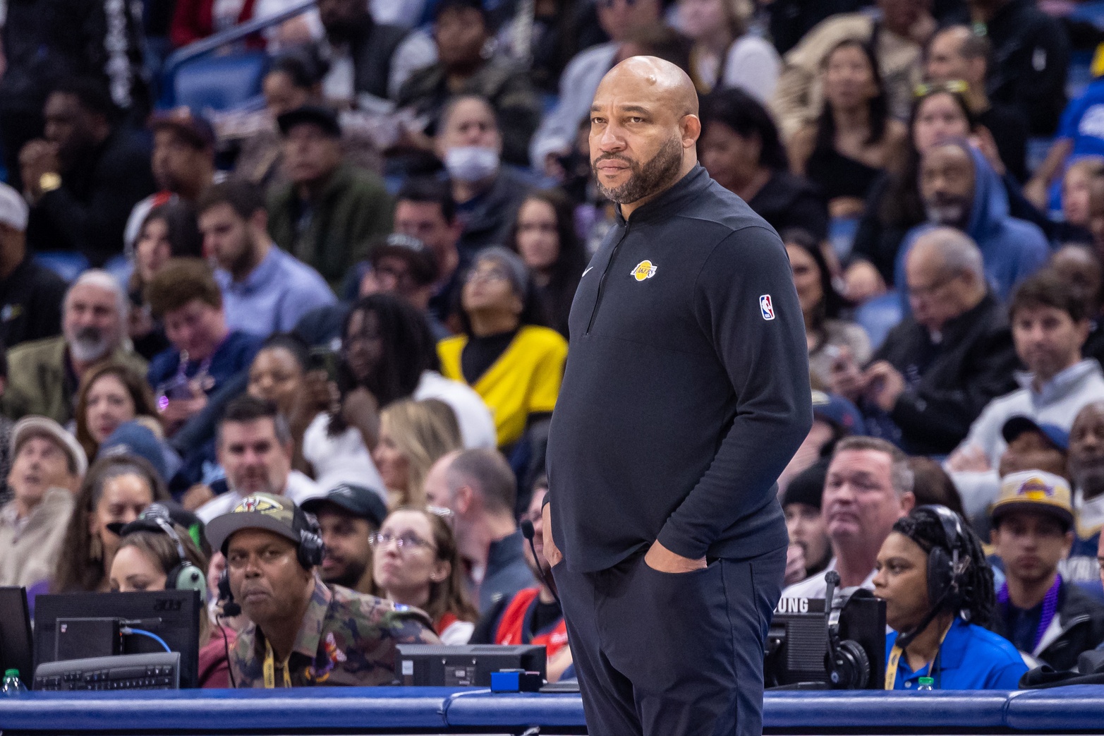 Dec 31, 2023; New Orleans, Louisiana, USA; Los Angeles Lakers head coach Darvin Ham looks on against the New Orleans Pelicans during the first half at Smoothie King Center. Mandatory Credit: Stephen Lew-USA TODAY Sports