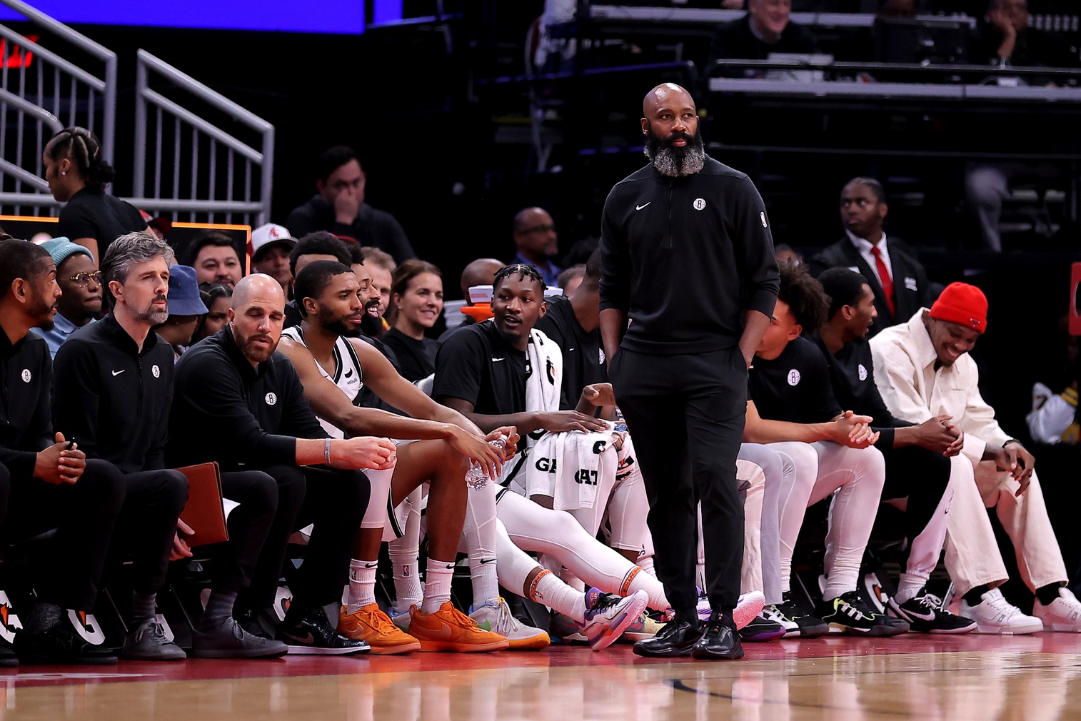 Jan 3, 2024; Houston, Texas, USA; Brooklyn Nets head coach Jacque Vaughn watches the action from the bench against the Houston Rockets during the second quarter at Toyota Center. Mandatory Credit: Erik Williams-USA TODAY Sports