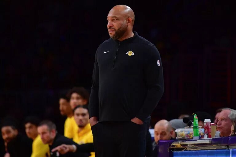 Jan 3, 2024; Los Angeles, California, USA; Los Angeles Lakers head coach Darvin Ham watches game action against the Miami Heat during the first half at Crypto.com Arena. Mandatory Credit: Gary A. Vasquez-USA TODAY Sports