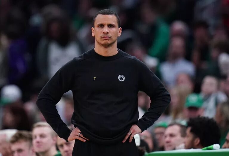 Boston Celtics head coach Joe Mazzulla watches from the sideline as they take on the Utah Jazz at TD Garden.