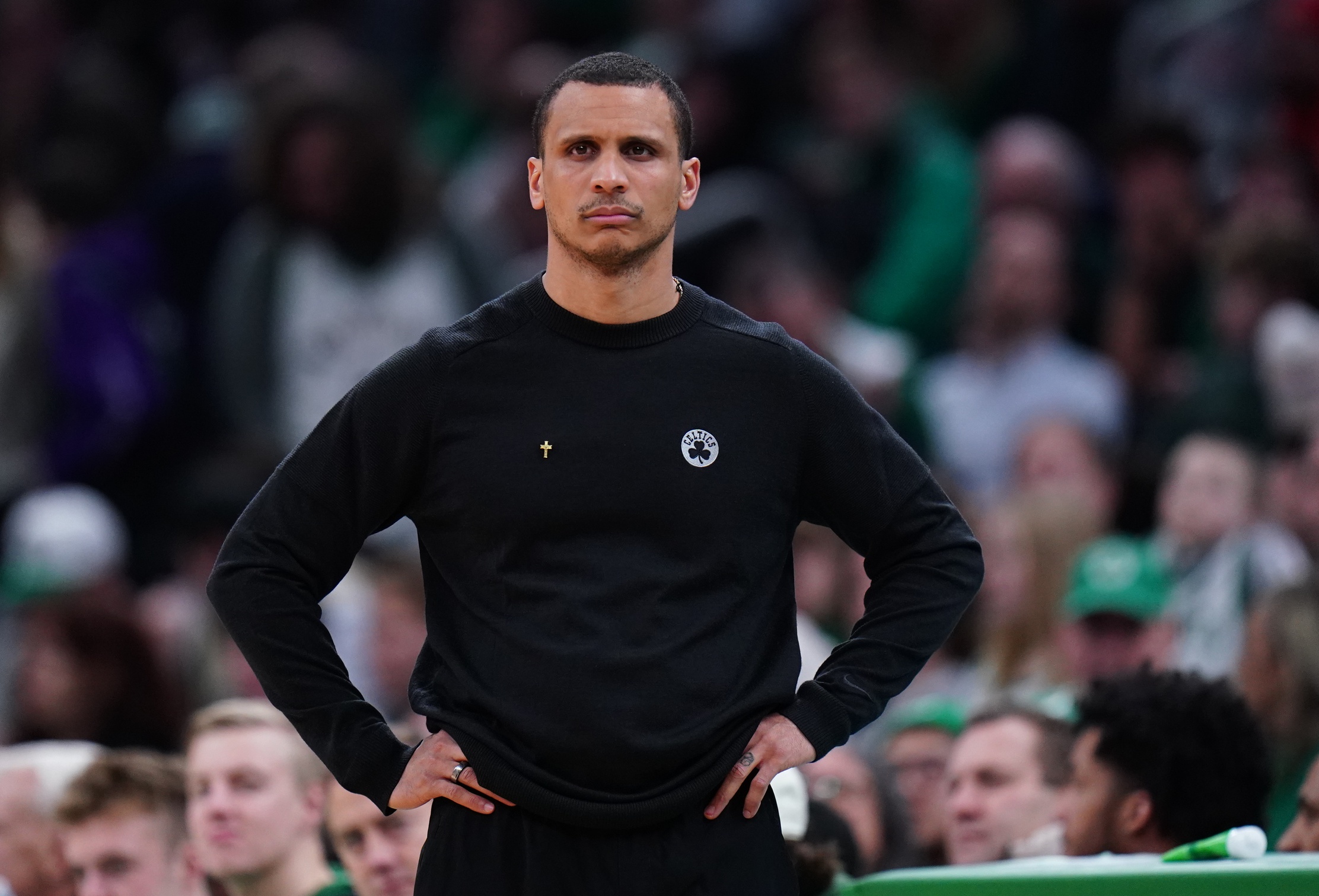 Boston Celtics head coach Joe Mazzulla watches from the sideline as they take on the Utah Jazz at TD Garden.