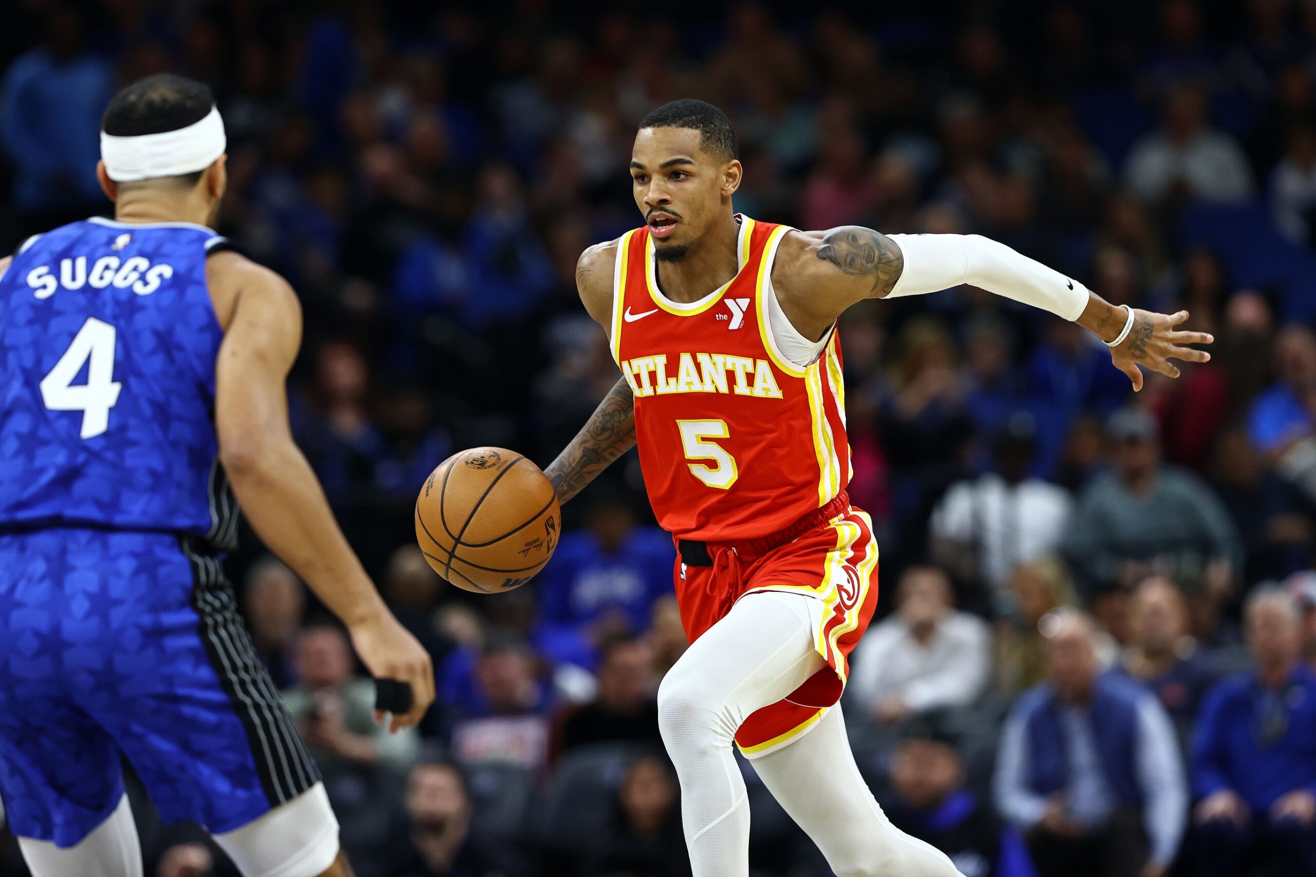 Atlanta Hawks guard Dejounte Murray (5) drives to the basket against the Orlando Magic during the first quarter at Kia Center.