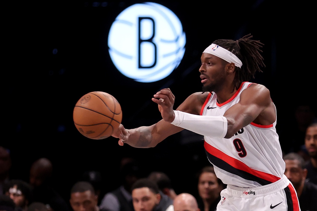 Portland Trail Blazers forward Jerami Grant (9) passes the ball against the Brooklyn Nets during the fourth quarter at Barclays Center.