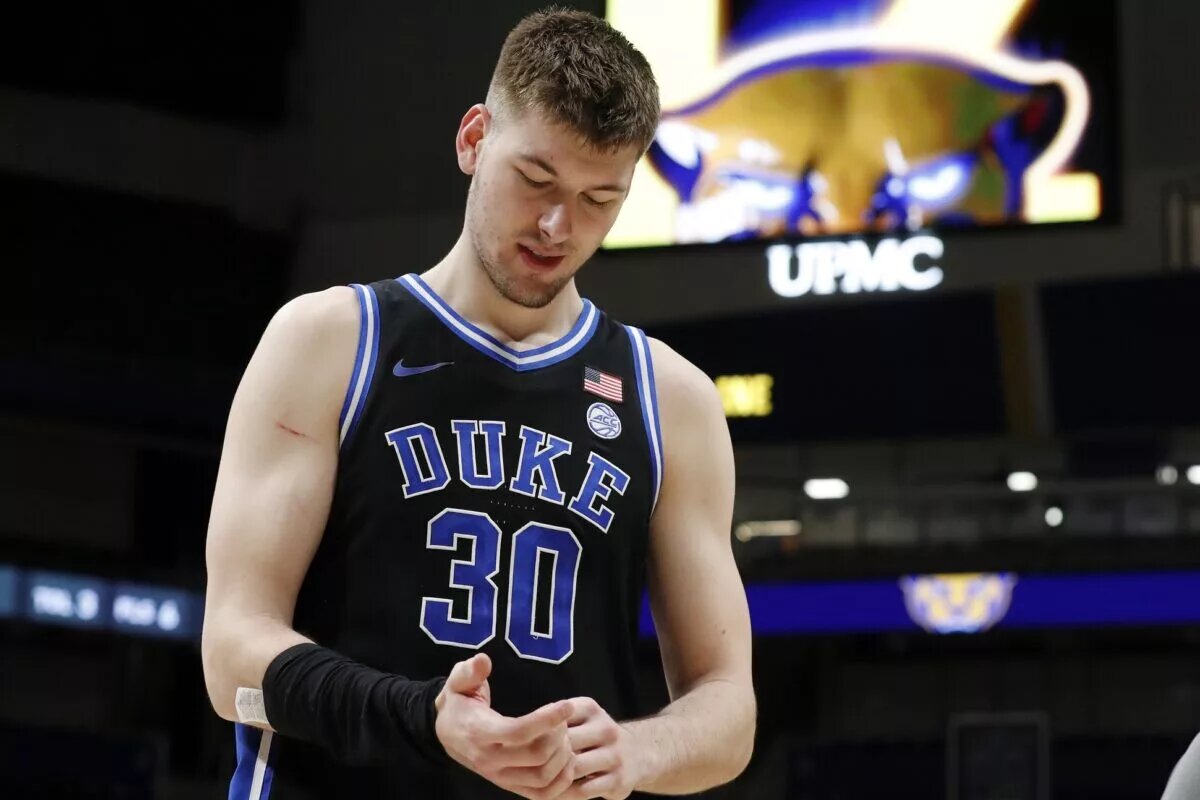 Duke Blue Devils center Kyle Filipowski (30) reacts as he leaves the court after defeating the Pittsburgh Panthers at the Petersen Events Center.