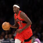 Toronto Raptors forward Pascal Siakam (43) dribbles the ball during the third quarter against the Los Angeles Lakers at Crypto.com Arena.