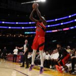 Toronto Raptors forward Pascal Siakam (43) shoots three point basket during the second half against the Los Angeles Lakers at Crypto.com Arena.