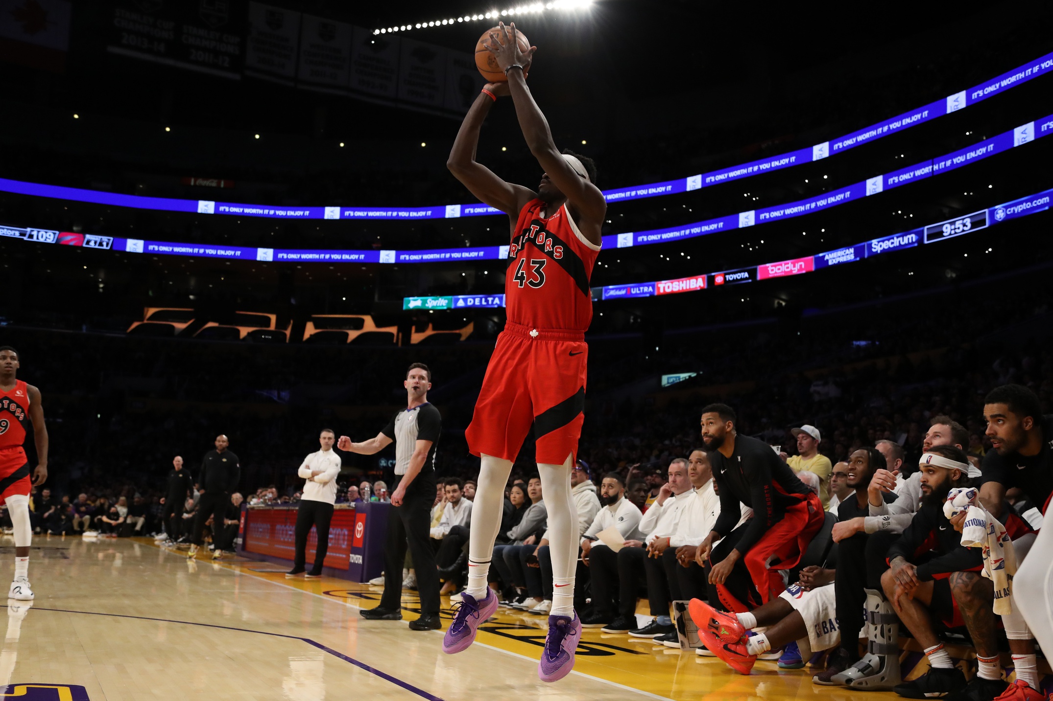 Toronto Raptors forward Pascal Siakam (43) shoots three point basket during the second half against the Los Angeles Lakers at Crypto.com Arena.