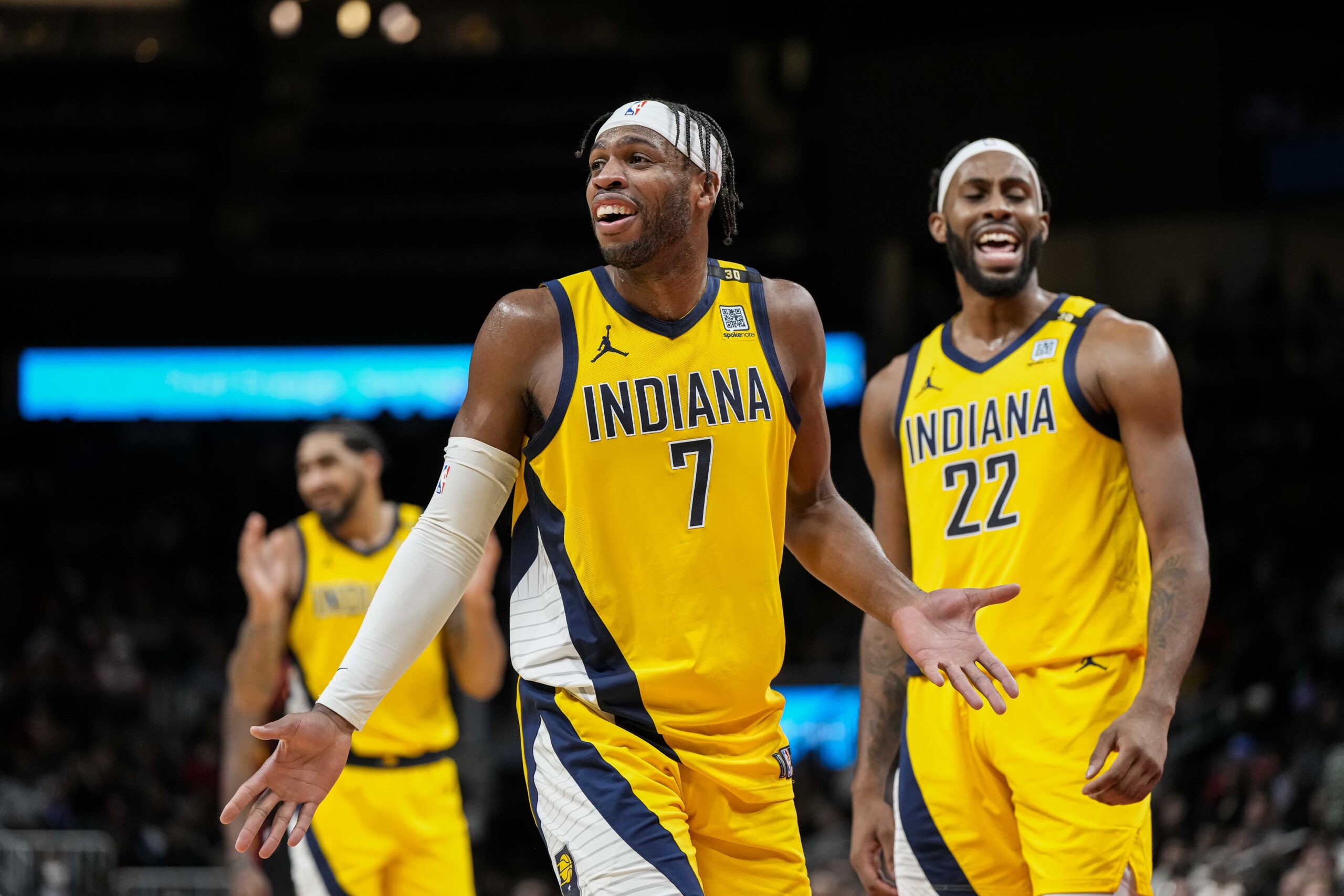 Indiana Pacers guard Buddy Hield (7) reacts after being called for a foul against the Atlanta Hawks during the second half at State Farm Arena.