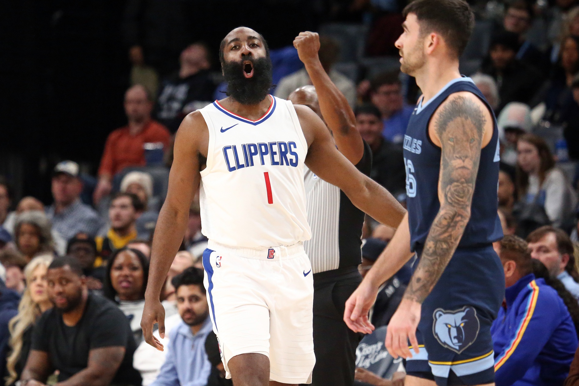 Los Angeles Clippers guard James Harden (1) reacts after a three point basket during the first half against the Memphis Grizzlies at FedExForum.