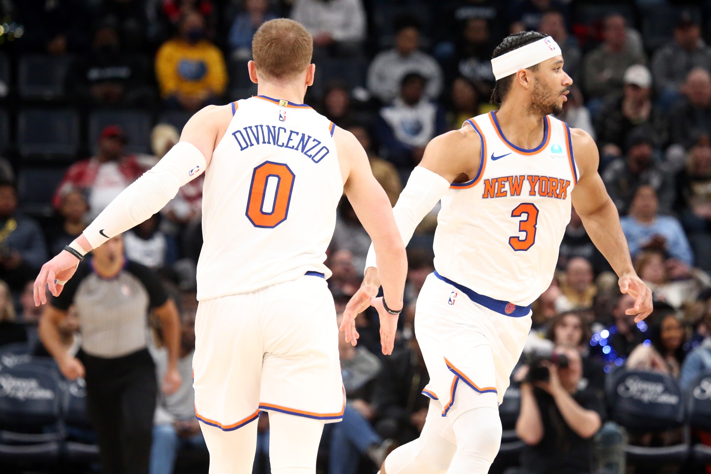 New York Knicks guard Josh Hart (3) react with guard Donte DiVincenzo (0) after a three point basket during the second half against the Memphis Grizzlies at FedExForum.