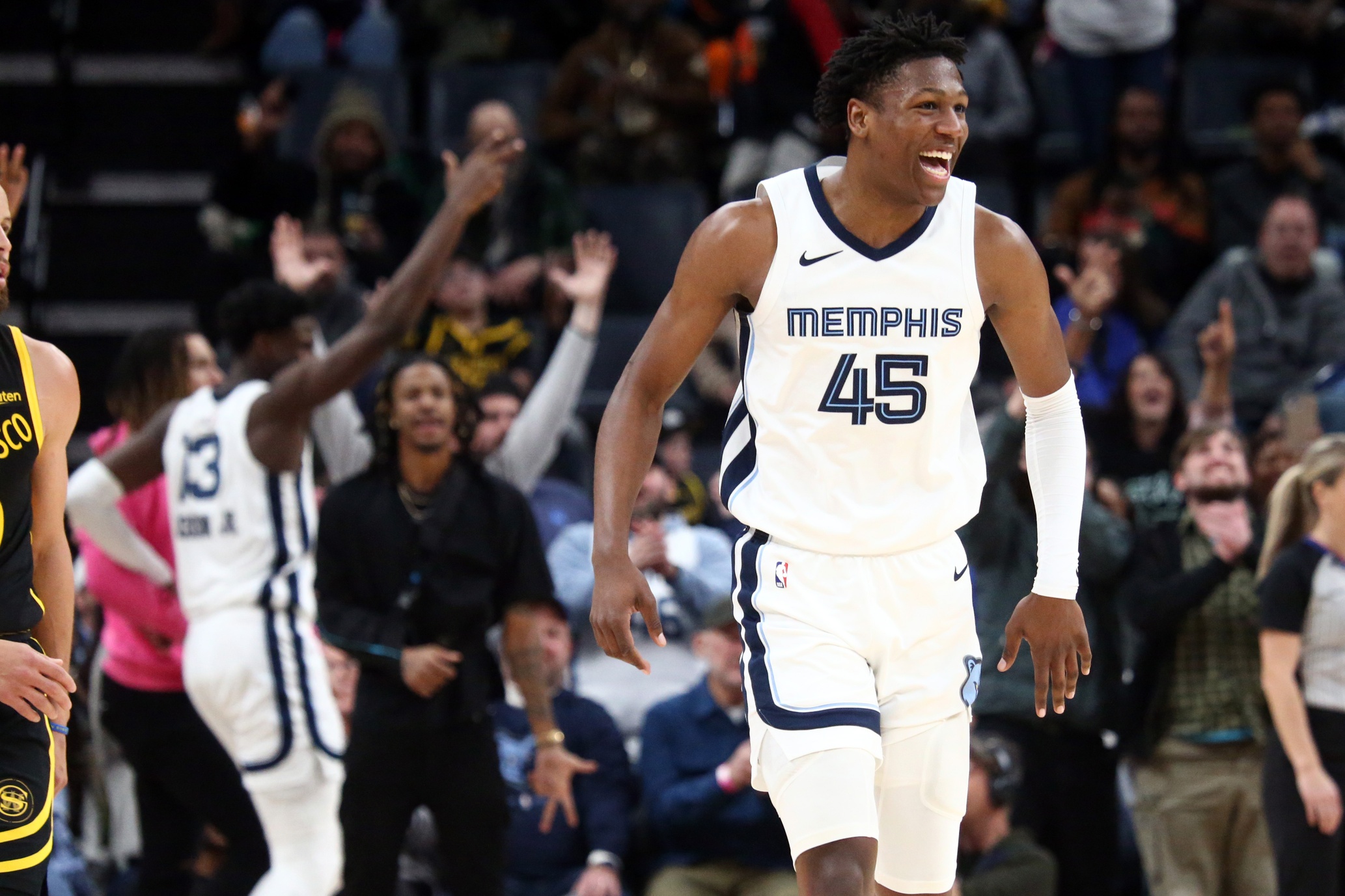 Memphis Grizzlies forward GG Jackson (45) reacts after a three point basket during the second half against the Golden State Warriors at FedExForum.