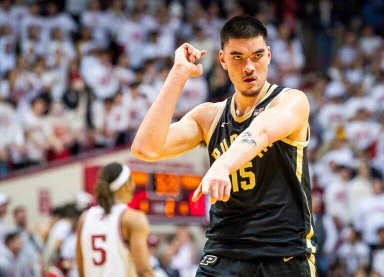 Purdue's Zach Edey (15) celebrates as Purdue goes up over 20 points during the second half of the Indiana versus Purdue men's basketball game at Simon Skjodt Assembly Hall