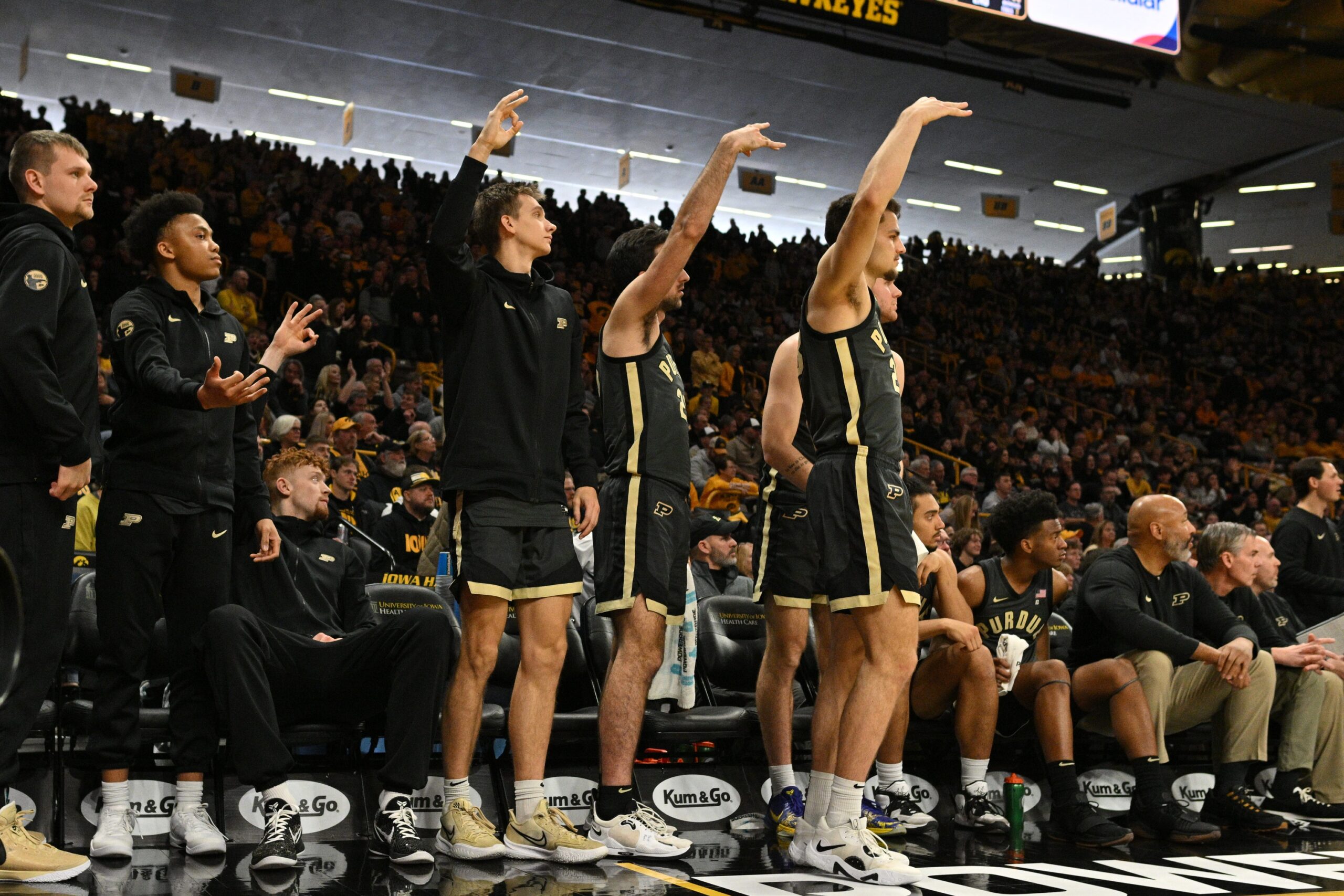 The Purdue Boilermakers bench reacts during the second half against the Iowa Hawkeyes at Carver-Hawkeye Arena.