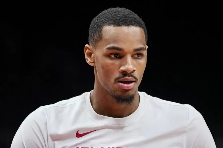 Atlanta Hawks guard Dejounte Murray (5) on the court prior to the game against the Cleveland Cavaliers at State Farm Arena.