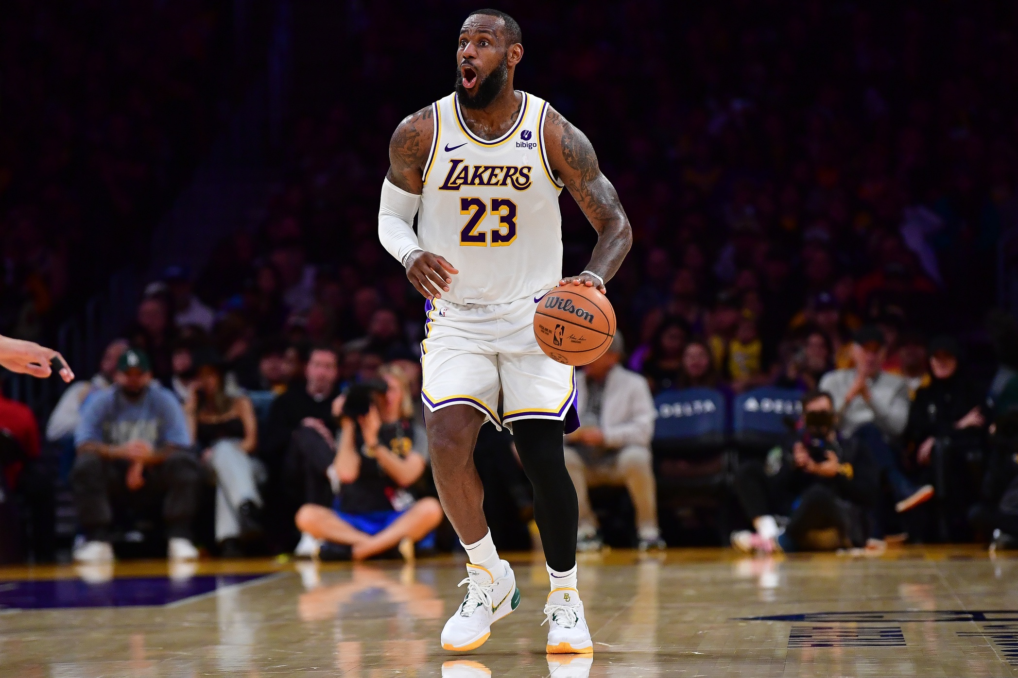Jan 21, 2024; Los Angeles, California, USA; Los Angeles Lakers forward LeBron James (23) controls the ball against the Portland Trail Blazers during the second half at Crypto.com Arena. Mandatory Credit: Gary A. Vasquez-USA TODAY Sports