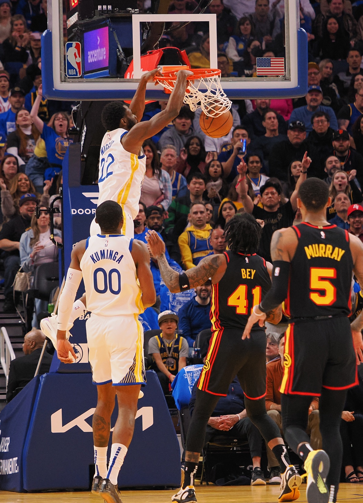 Golden State Warriors forward Andrew Wiggins (22) dunks the ball against the Atlanta Hawks during the second quarter at Chase Center.