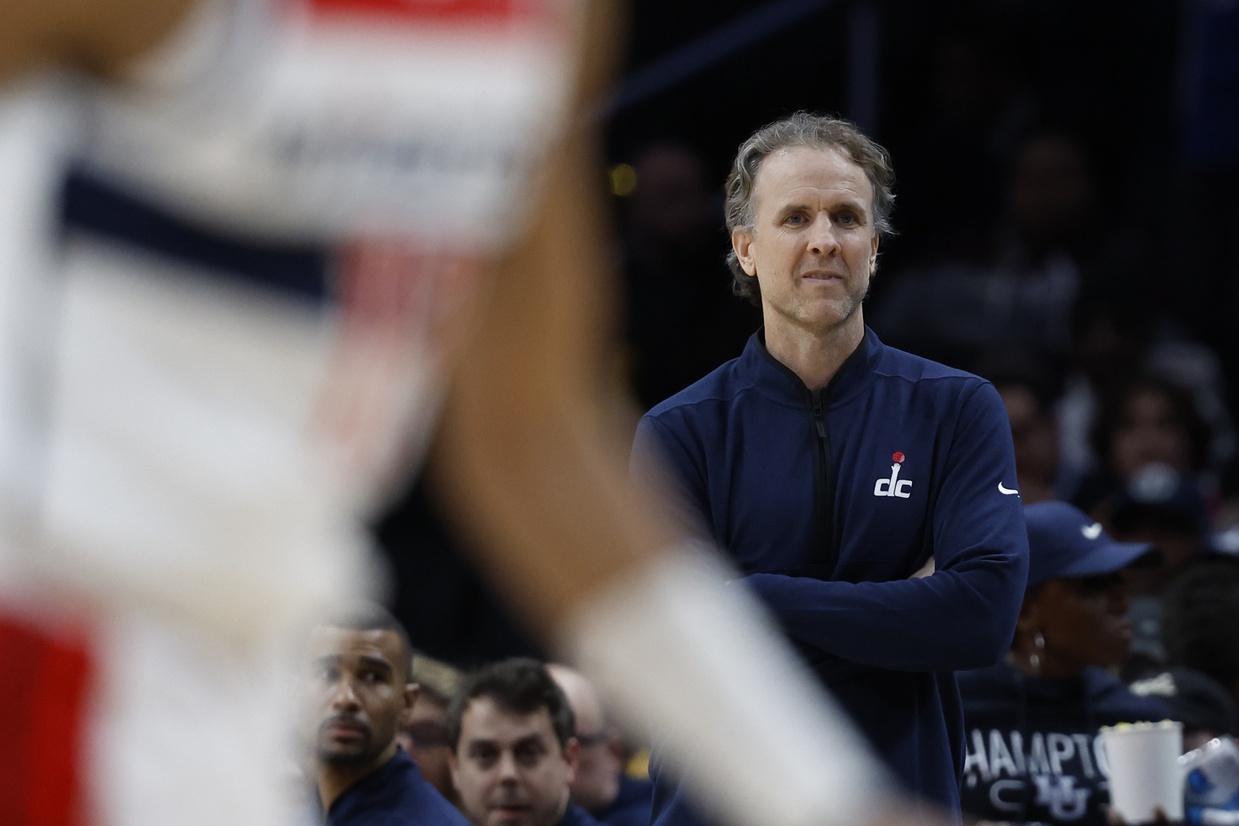 Washington Wizards interim head coach Brian Keefe watches from the bench against the Utah Jazz in the first half at Capital One Arena.